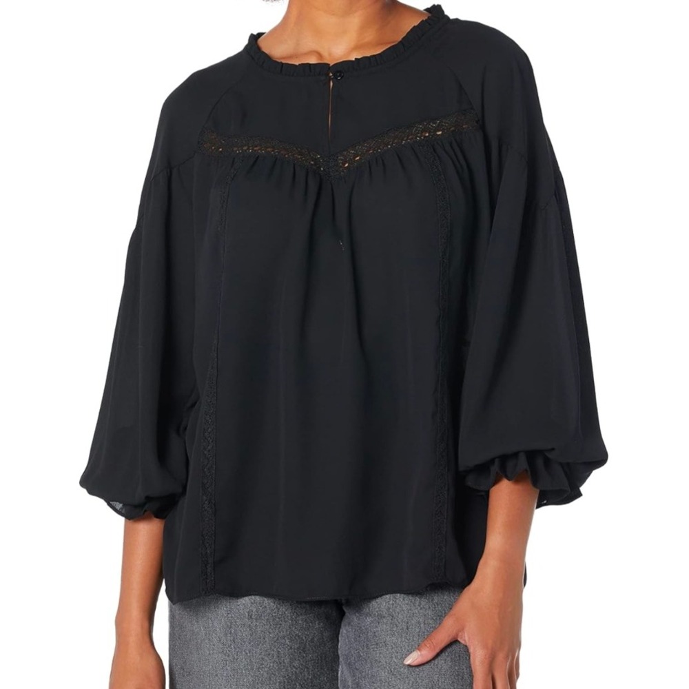 Zac & Rachel Women's Solid Crepe Peasant Style Long Sleeve Blouse Black Size XL